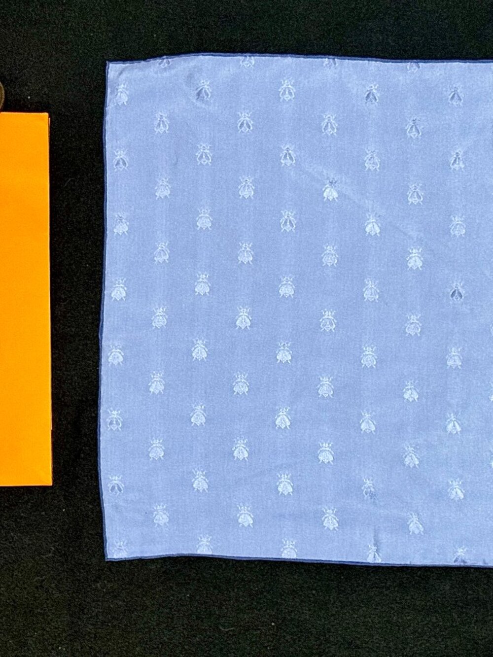 Hermes Paris Silk Bee Jacquard Pocket Square Blue w/Hermes Bag & Ribbon